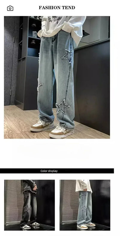 New Men's Star Embroidered Fashion Loose Jeans Y2K High Street Hip Hop Stretch Soft Straight Wide Leg Denim Trousers Male