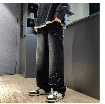 New Men's Star Embroidered Fashion Loose Jeans Y2K High Street Hip Hop Stretch Soft Straight Wide Leg Denim Trousers Male