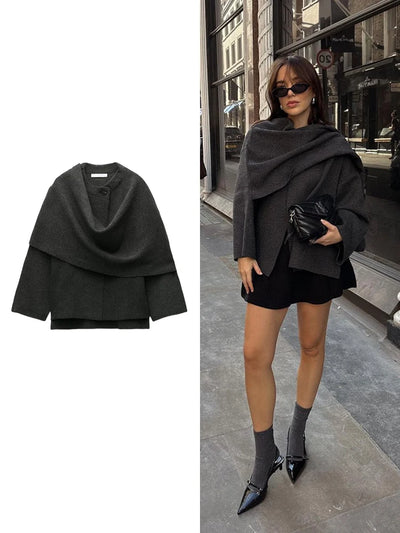 women's asymmetric scarf design solid colour knitted jacket autumn and winter new single-breasted chic loose coat jacket