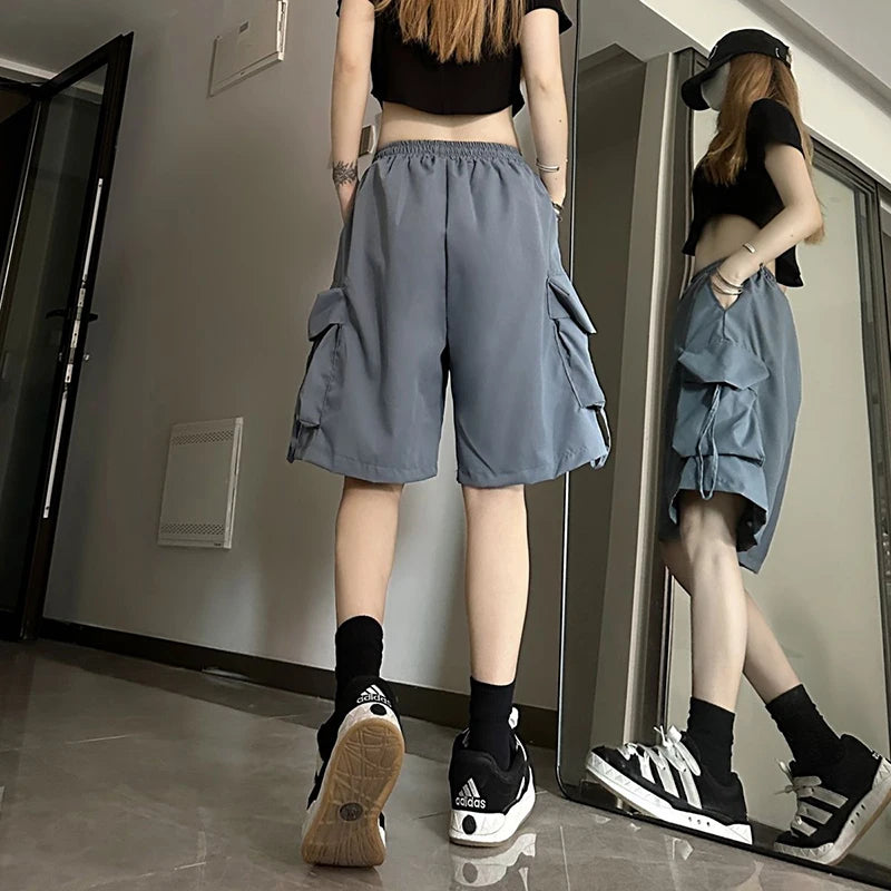 Women High Waist Cargo Shorts American Style Streetwear Summer Wide Leg Pants Fashion Female Big Pocket Loose Shorts New