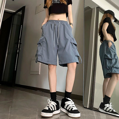 Women High Waist Cargo Shorts American Style Streetwear Summer Wide Leg Pants Fashion Female Big Pocket Loose Shorts New