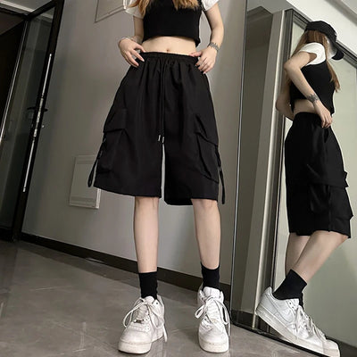 Women High Waist Cargo Shorts American Style Streetwear Summer Wide Leg Pants Fashion Female Big Pocket Loose Shorts New