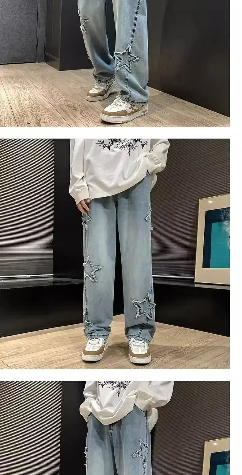 New Men's Star Embroidered Fashion Loose Jeans Y2K High Street Hip Hop Stretch Soft Straight Wide Leg Denim Trousers Male