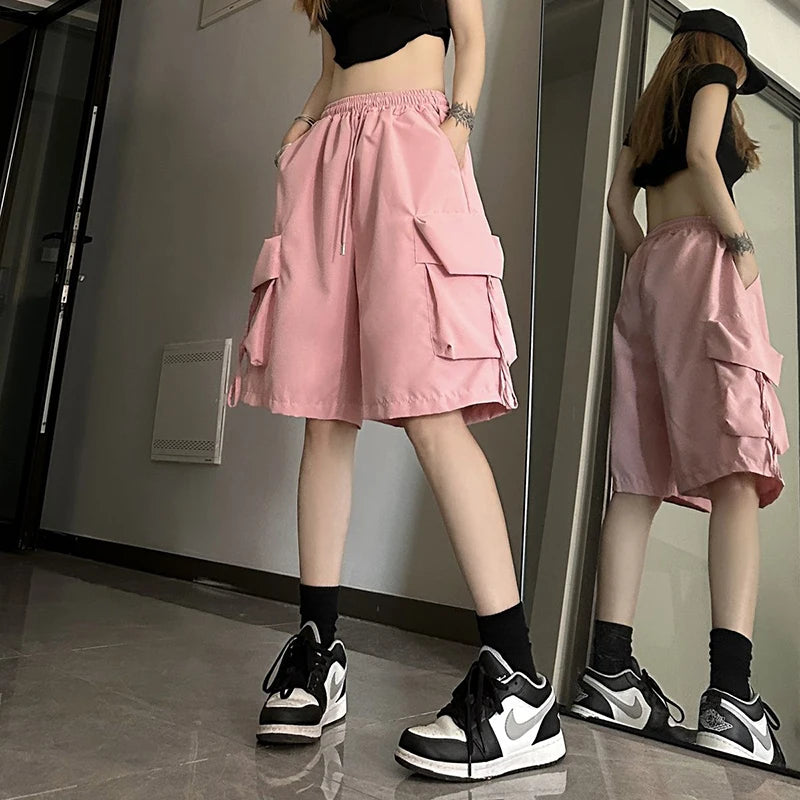 Women High Waist Cargo Shorts American Style Streetwear Summer Wide Leg Pants Fashion Female Big Pocket Loose Shorts New