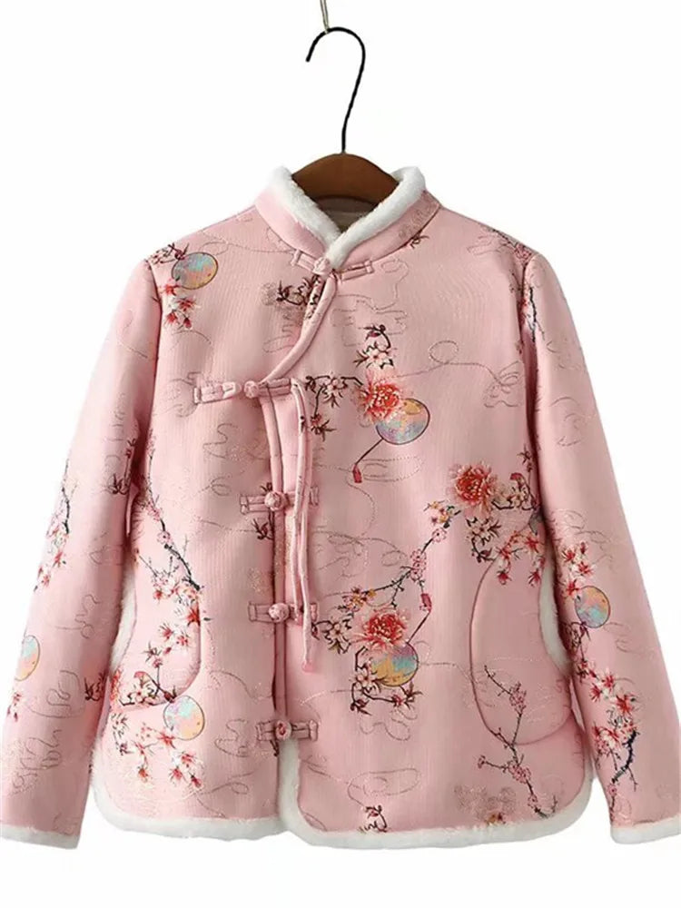 Plus Size Women's Winter Coat: Warm Jacket with Floral Design, Thickened with Cotton and Plush Lining.