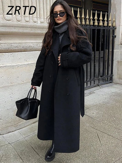 Street Women's Woolen Overcoat With Belt Loose Lapel Double Breasted Full Sleeve Long Coats 2024 Autumn Winter Lady Trench Coat