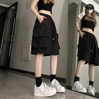 Women High Waist Cargo Shorts American Style Streetwear Summer Wide Leg Pants Fashion Female Big Pocket Loose Shorts New