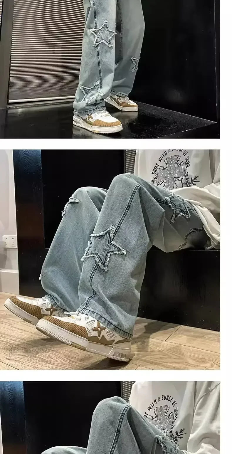 New Men's Star Embroidered Fashion Loose Jeans Y2K High Street Hip Hop Stretch Soft Straight Wide Leg Denim Trousers Male