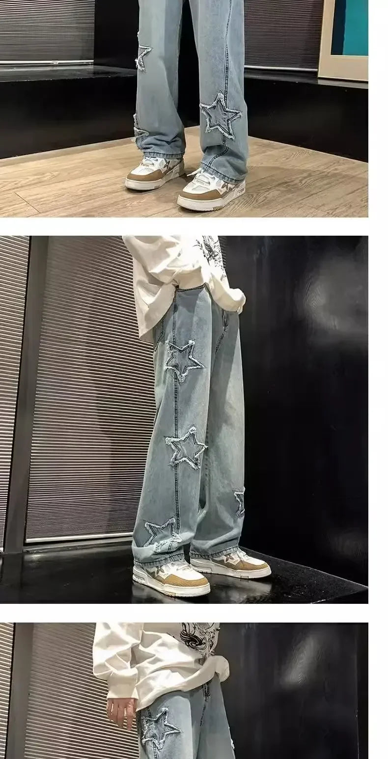 New Men's Star Embroidered Fashion Loose Jeans Y2K High Street Hip Hop Stretch Soft Straight Wide Leg Denim Trousers Male