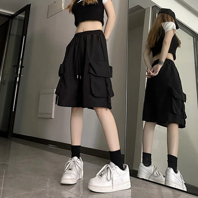 Women High Waist Cargo Shorts American Style Streetwear Summer Wide Leg Pants Fashion Female Big Pocket Loose Shorts New