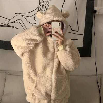 Charming Fluffy Coat Bear Ears Decor Windproof Women Winter Imitation Lambswool Warm Coat  Soft Cardigan Jacket Daily Garment