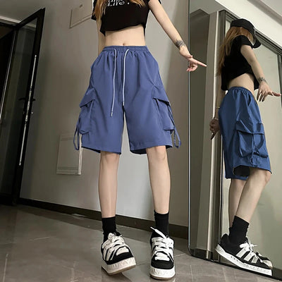 Women High Waist Cargo Shorts American Style Streetwear Summer Wide Leg Pants Fashion Female Big Pocket Loose Shorts New