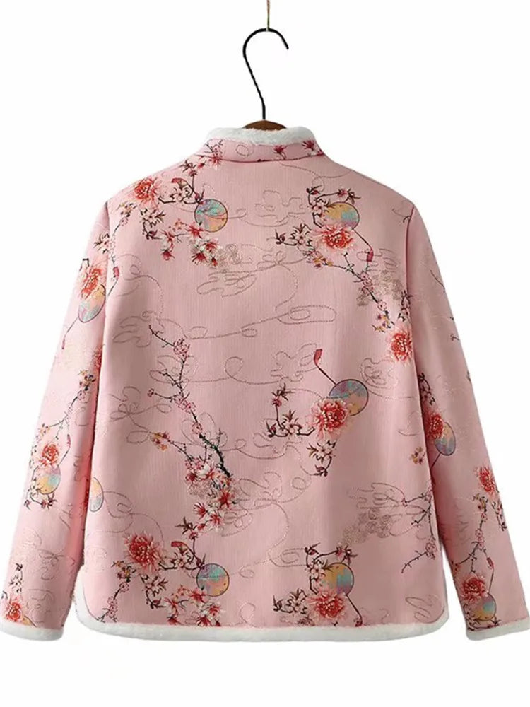 Plus Size Women's Winter Coat: Warm Jacket with Floral Design, Thickened with Cotton and Plush Lining.