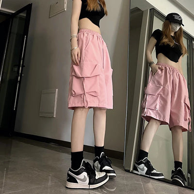 Women High Waist Cargo Shorts American Style Streetwear Summer Wide Leg Pants Fashion Female Big Pocket Loose Shorts New