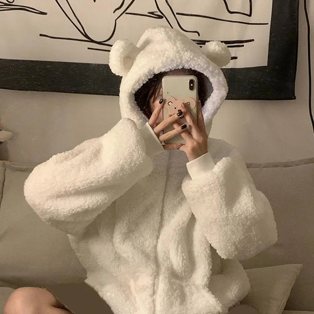 Charming Fluffy Coat Bear Ears Decor Windproof Women Winter Imitation Lambswool Warm Coat  Soft Cardigan Jacket Daily Garment