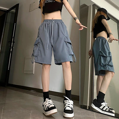 Women High Waist Cargo Shorts American Style Streetwear Summer Wide Leg Pants Fashion Female Big Pocket Loose Shorts New