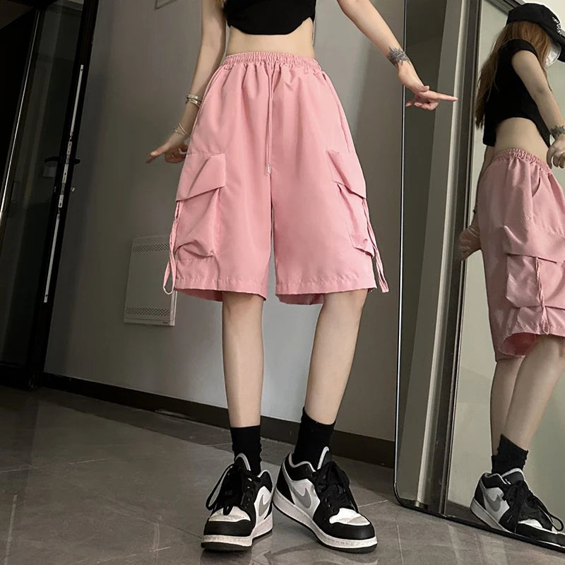 Women High Waist Cargo Shorts American Style Streetwear Summer Wide Leg Pants Fashion Female Big Pocket Loose Shorts New